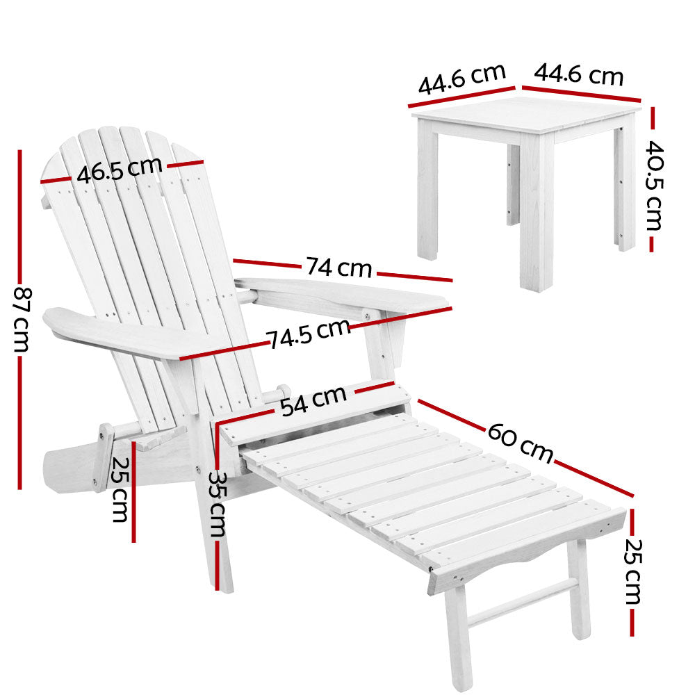 3pc Adirondack Outdoor Table and Chairs Wooden Sun Lounge Beach Patio White