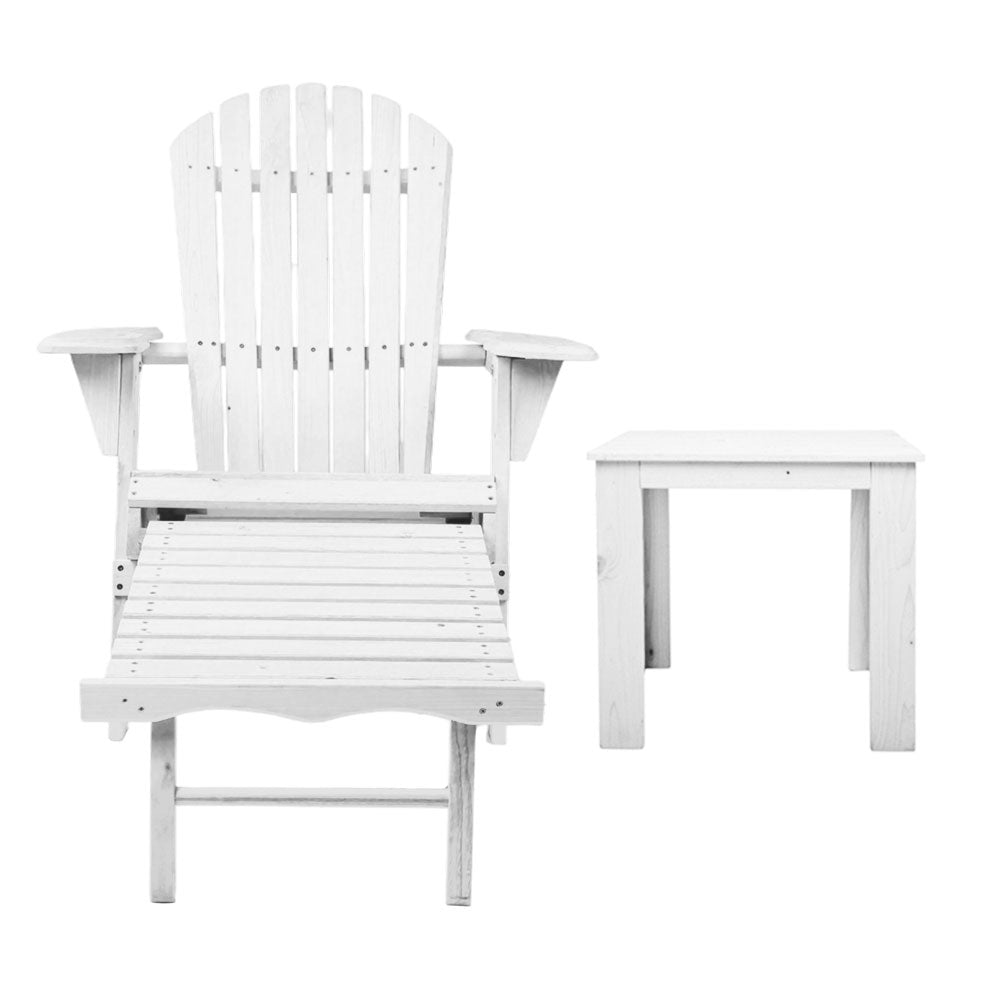 3pc Adirondack Outdoor Table and Chairs Wooden Sun Lounge Beach Patio White