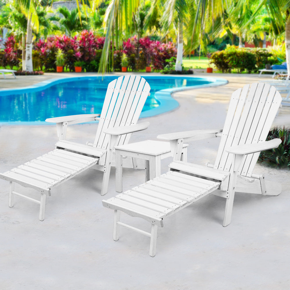 3pc Adirondack Outdoor Table and Chairs Wooden Sun Lounge Beach Patio White