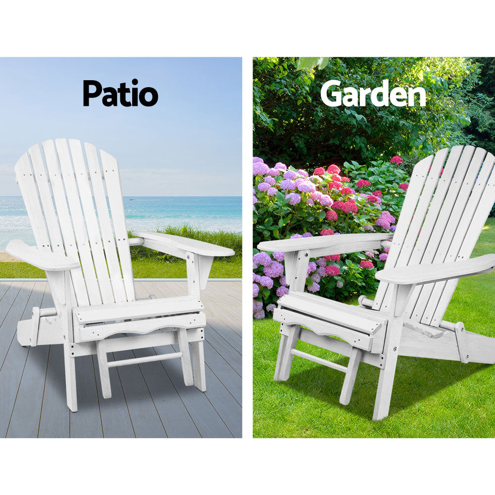 3pc Adirondack Outdoor Table and Chairs Wooden Sun Lounge Beach Patio White