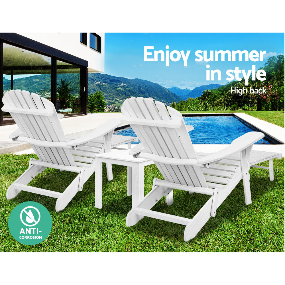 3pc Adirondack Outdoor Table and Chairs Wooden Sun Lounge Beach Patio White