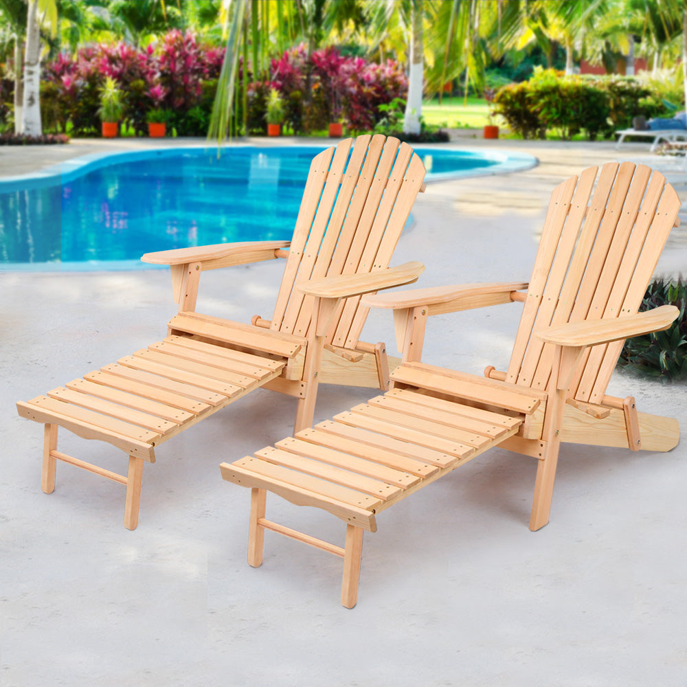 2pc Adirondack Wooden Sun Lounge Beach Chair with Leg Rest