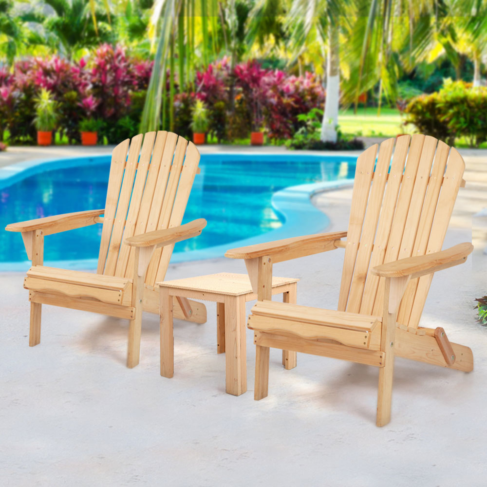 3pc Adirondack Outdoor Table and Chairs Wooden Foldable Beach Chair Natural