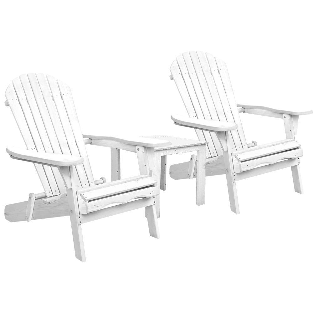 3pc Adirondack Outdoor Table and Chairs Wooden Foldable Beach Chair White