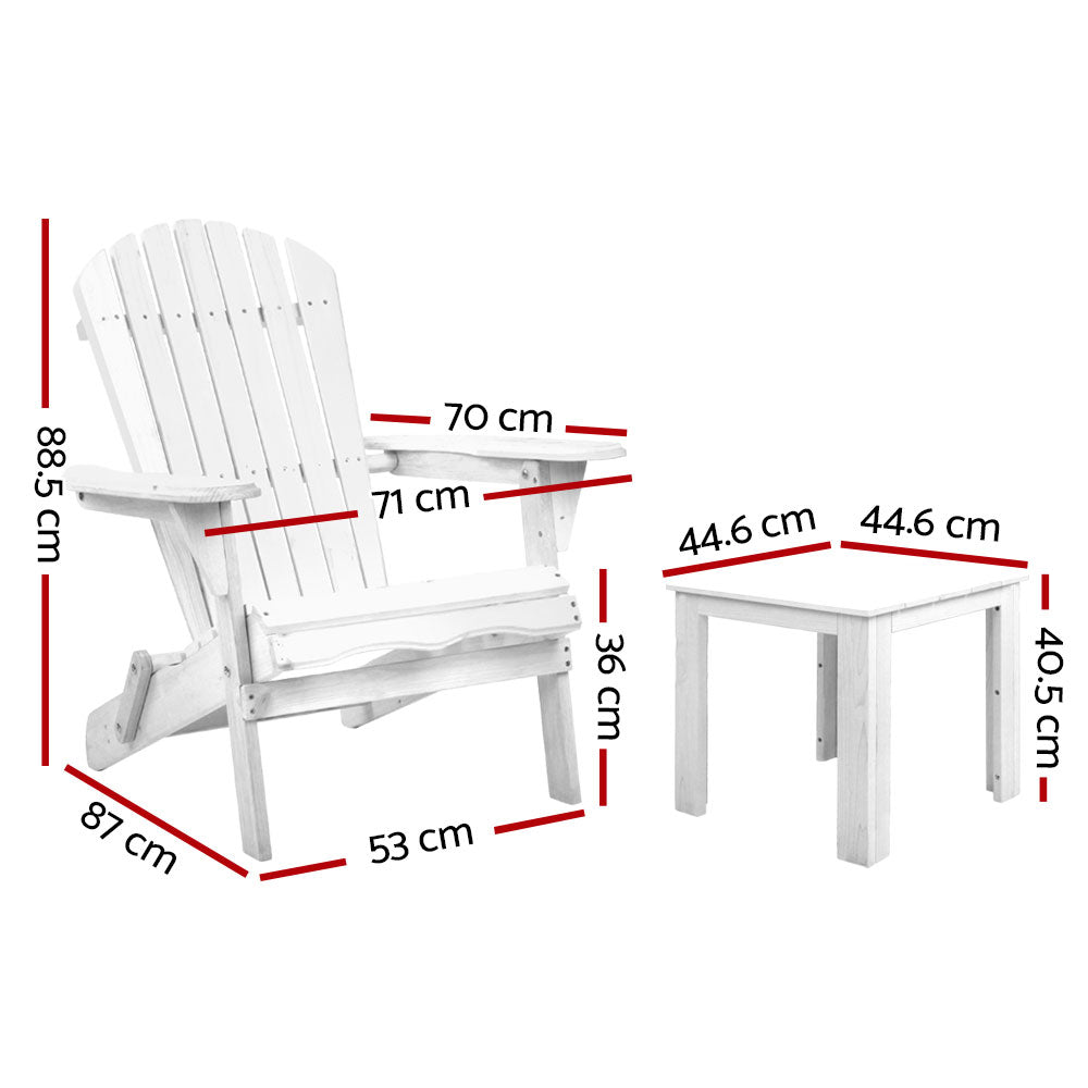 3pc Adirondack Outdoor Table and Chairs Wooden Foldable Beach Chair White