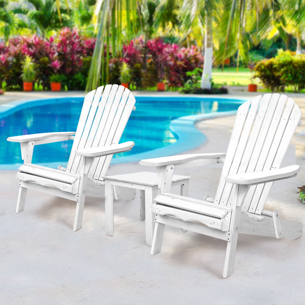 3pc Adirondack Outdoor Table and Chairs Wooden Foldable Beach Chair White