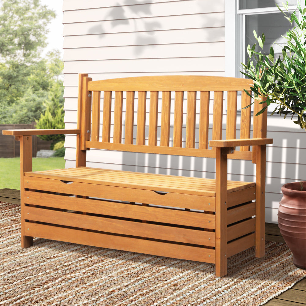 2 Seat Outdoor Storage Bench Box Wooden Garden Chair 2 Seat Timber Furniture