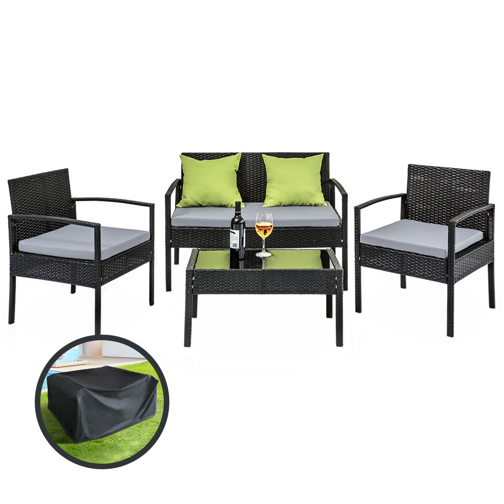 4 Seater Outdoor Wicker Lounge sofa Furniture set with Storage Cover