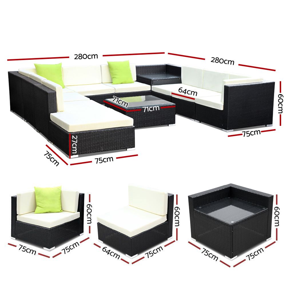 11pc Outdoor Wicker Lounge Sofa Furniture Set with Storage Cover