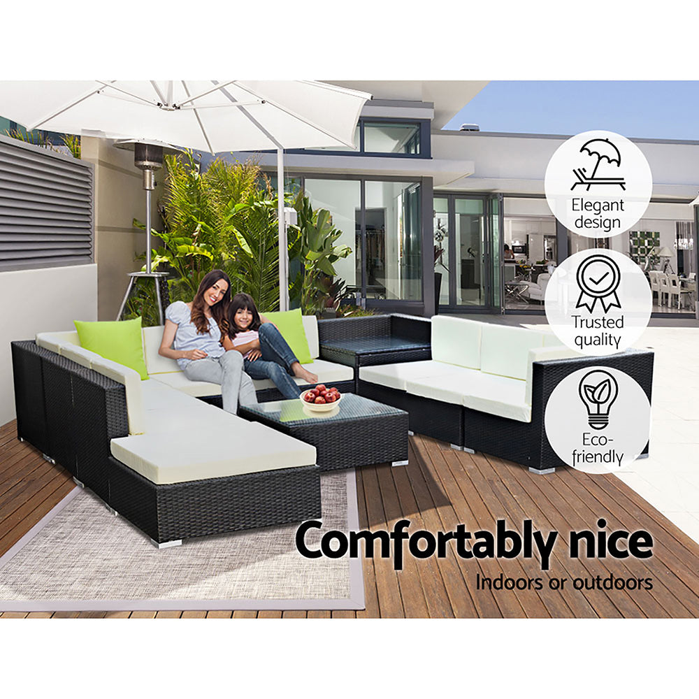 11pc Outdoor Wicker Lounge Sofa Furniture Set with Storage Cover