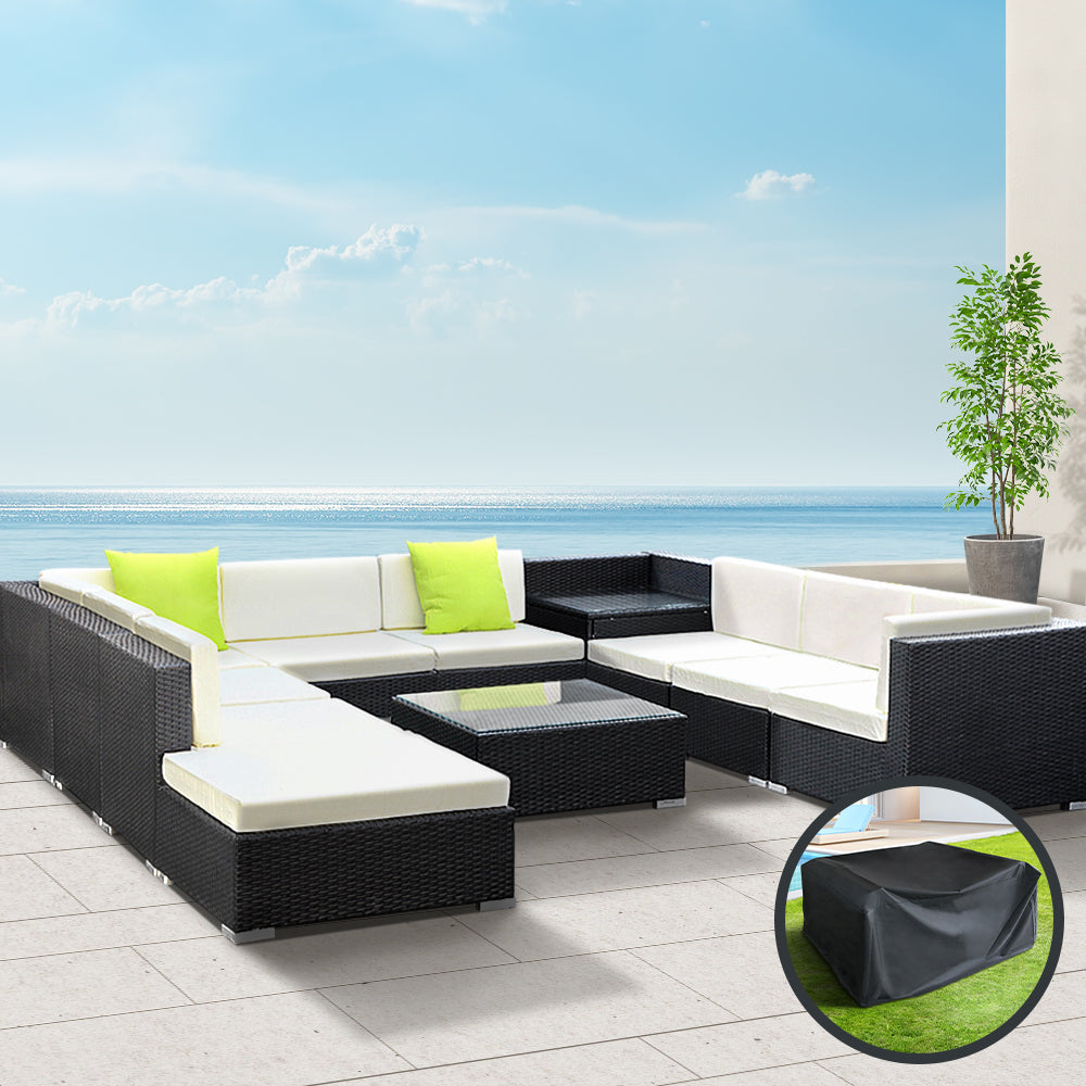 11pc Outdoor Wicker Lounge Sofa Furniture Set with Storage Cover