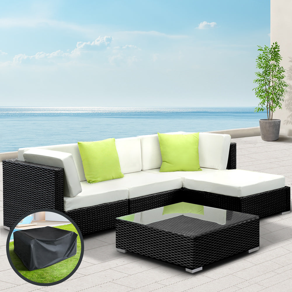 5pc Outdoor Wicker Lounge Sofa Furniture Set with Storage Cover