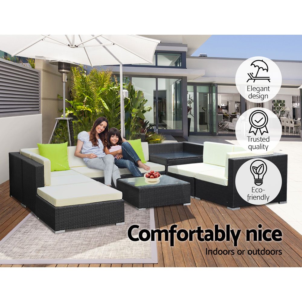 9pc Outdoor Wicker Lounge Sofa Furniture Set with Storage Cover