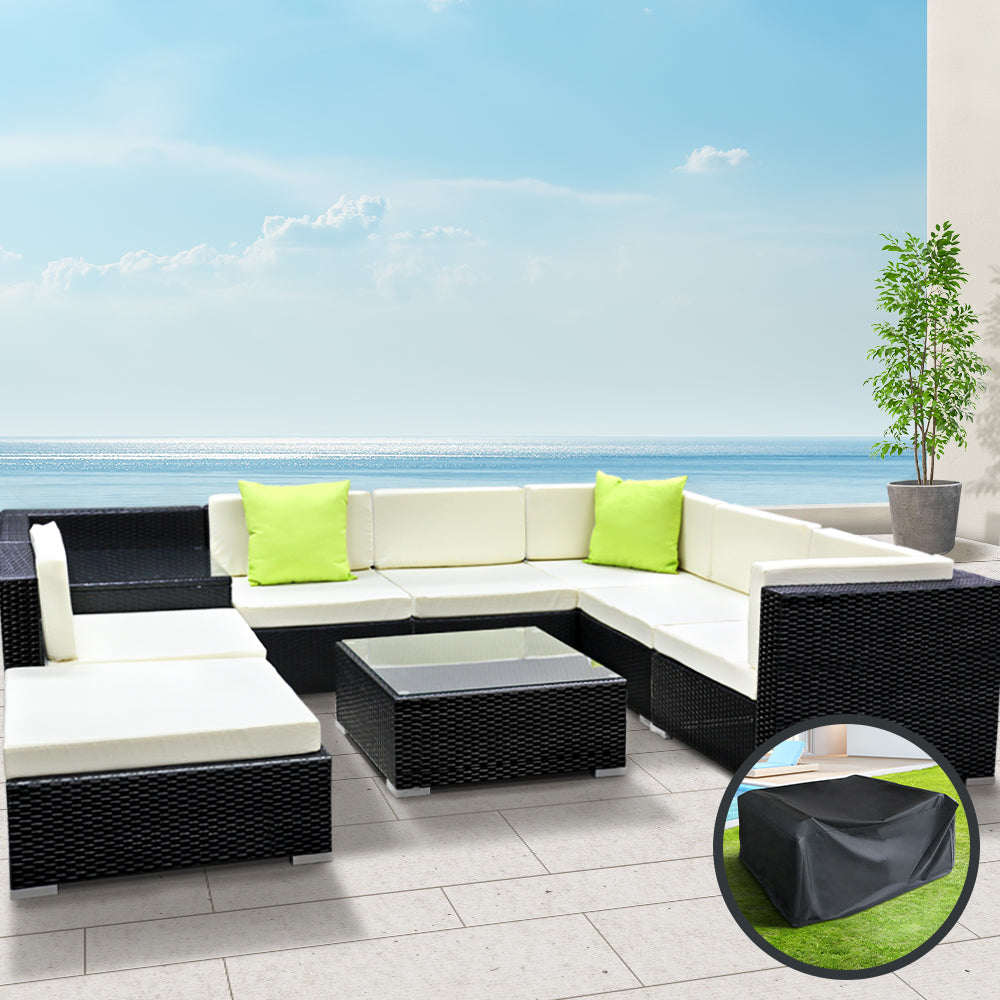 9pc Outdoor Wicker Lounge Sofa Furniture Set with Storage Cover