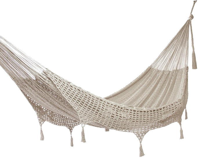 Outdoor undercover cotton Mayan Legacy hammock with crocheted tassels King Size Marble