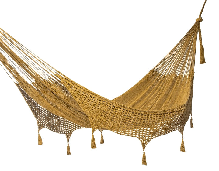 Outdoor undercover cotton Mayan Legacy hammock with hand crocheted tassels King Size Mustard