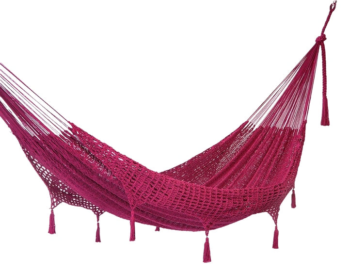 Outdoor undercover cotton Mayan Legacy hammock with hand crocheted tassels King Size Mexican Pink