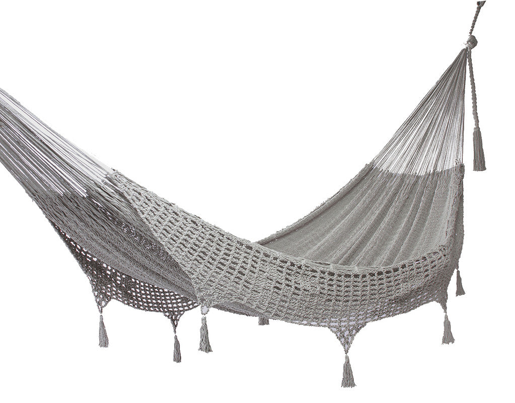 Outdoor undercover cotton Mayan Legacy hammock with crocheted tassels King Size Dream Sands