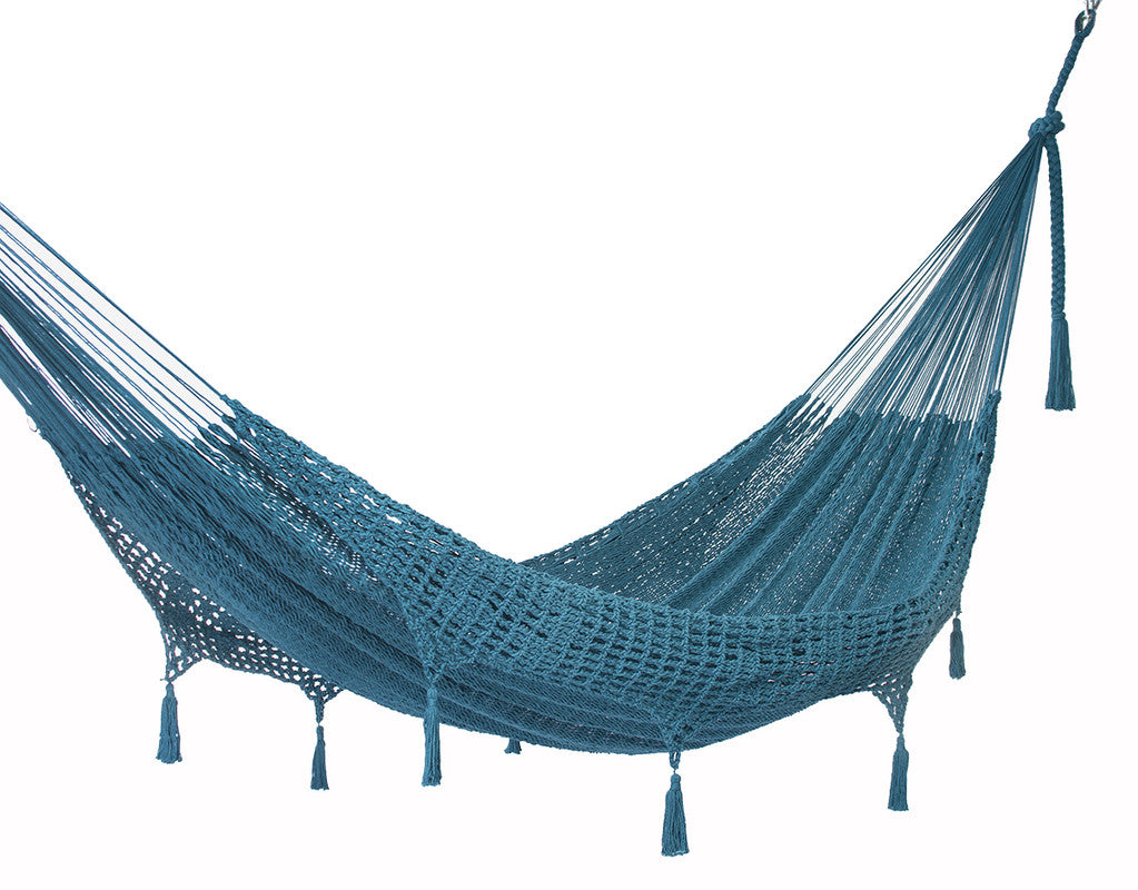 Outdoor undercover cotton Mayan Legacy hammock with hand crocheted tassels King Size Bondi