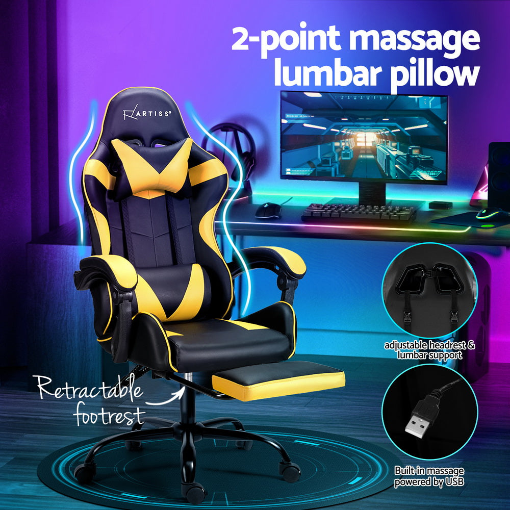 Artiss 2 Point Yellow Massage Gaming Office Chair Footrest