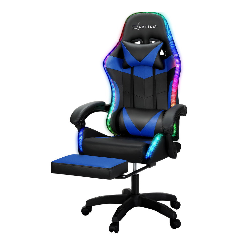 Artiss 6 Point Blue Massage Gaming Office Chair 7 LED Footrest