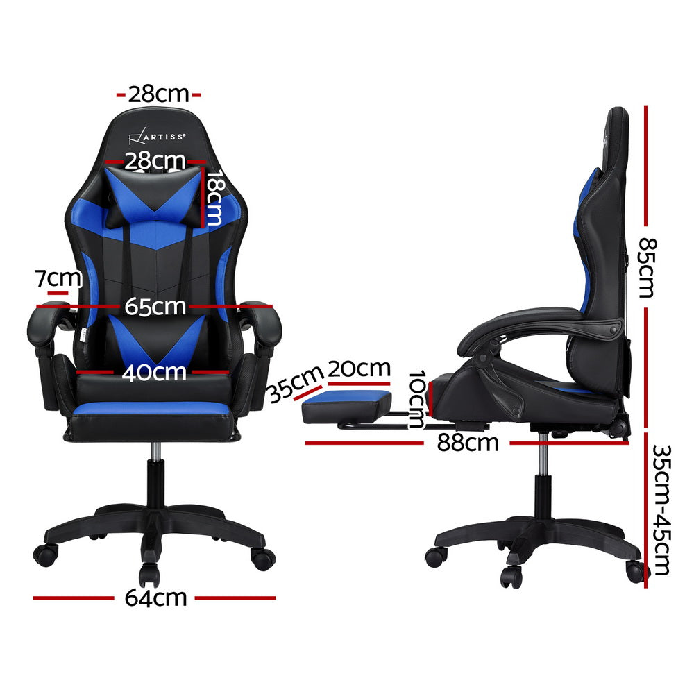 Artiss 6 Point Blue Massage Gaming Office Chair 7 LED Footrest