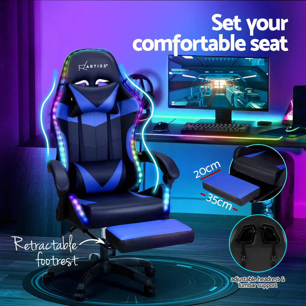 Artiss 6 Point Blue Massage Gaming Office Chair 7 LED Footrest