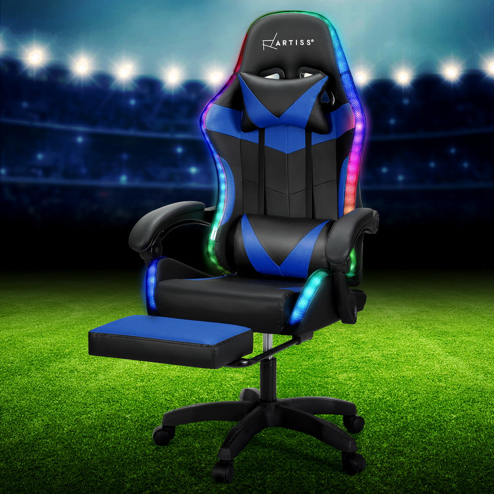 Artiss 6 Point Blue Massage Gaming Office Chair 7 LED Footrest