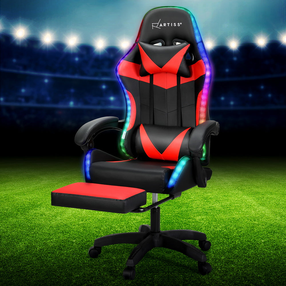 Artiss 6 Point Red Massage Gaming Office Chair 7 LED Footrest