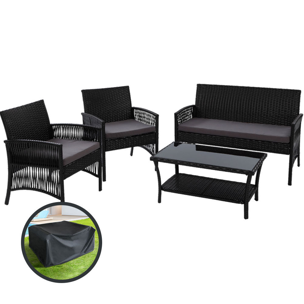 4pc Outdoor Black Wicker Lounge Sofa Furniture Set with Storage Cover 