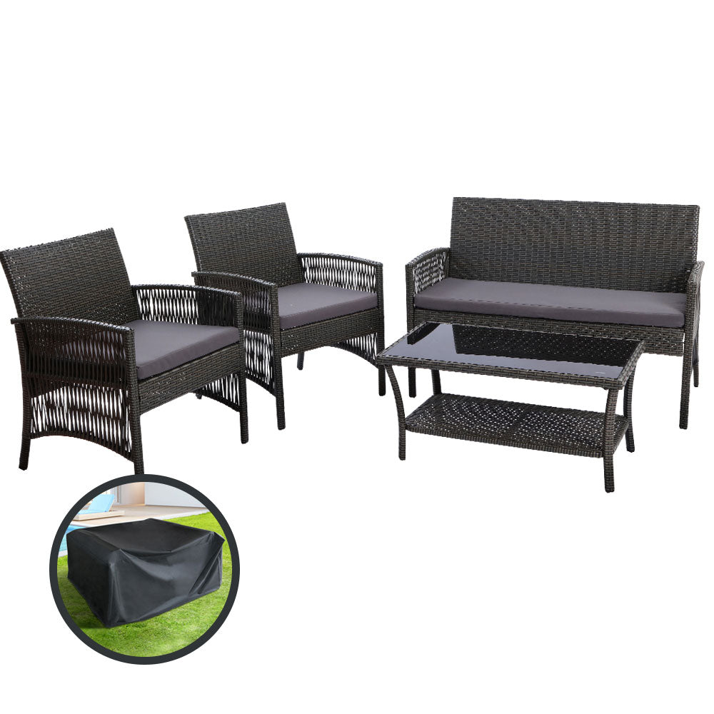 4pc Outdoor Grey Wicker Lounge Sofa Furniture Set with Storage Cover 