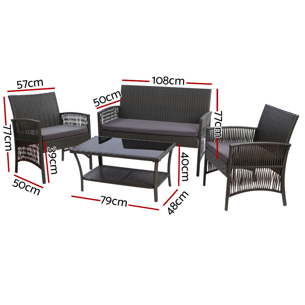 4pc Outdoor Grey Wicker Lounge Sofa Furniture Set with Storage Cover 