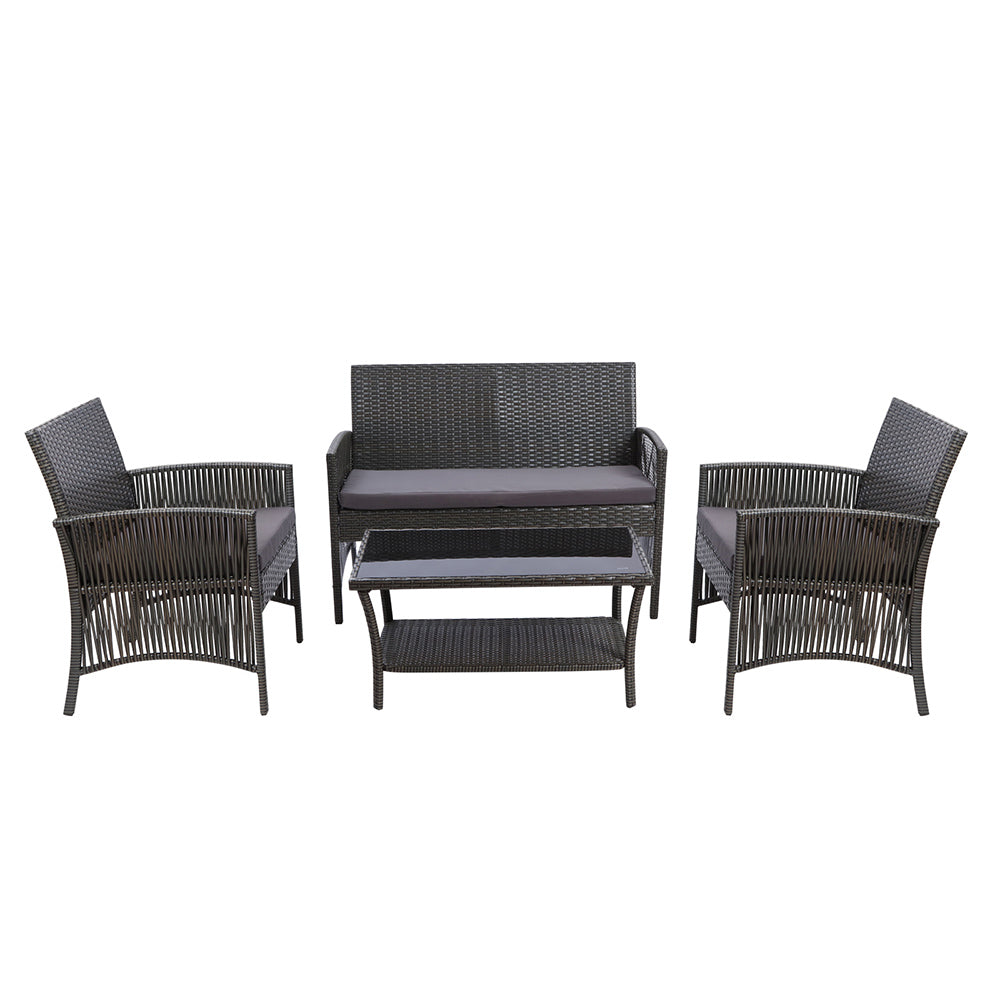 4pc Outdoor Grey Wicker Lounge Sofa Furniture Set with Storage Cover 