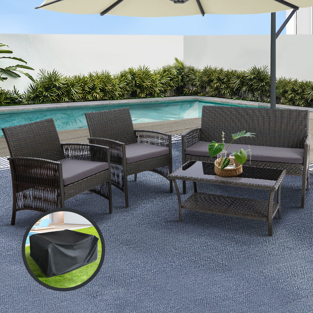 4pc Outdoor Grey Wicker Lounge Sofa Furniture Set with Storage Cover 