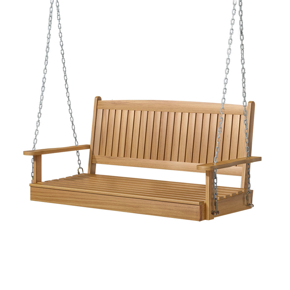 2 Seater Brown Teak Porch Swing Chair with Chain Wooden Garden Bench