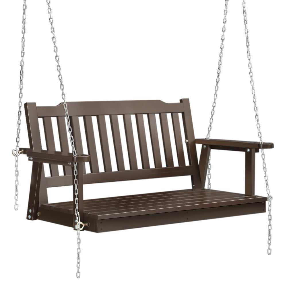 2 Seater Brown Porch Swing Chair with Chain Wooden Garden Bench