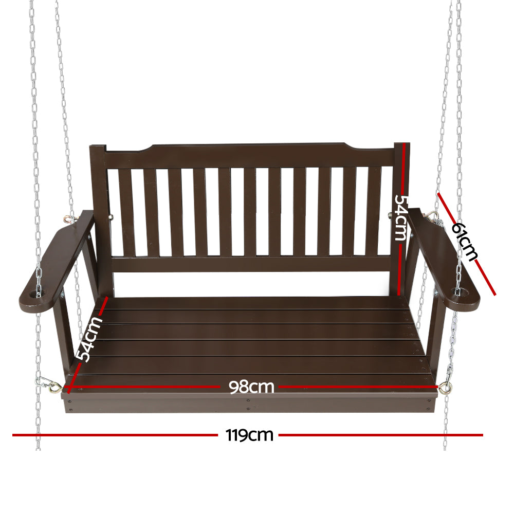 2 Seater Brown Porch Swing Chair with Chain Wooden Garden Bench