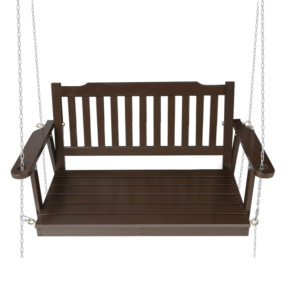 2 Seater Brown Porch Swing Chair with Chain Wooden Garden Bench