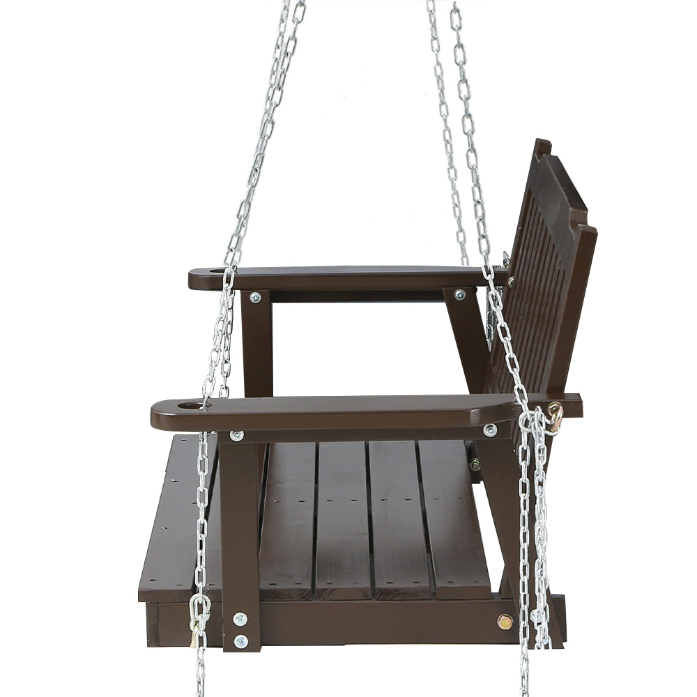 2 Seater Brown Porch Swing Chair with Chain Wooden Garden Bench