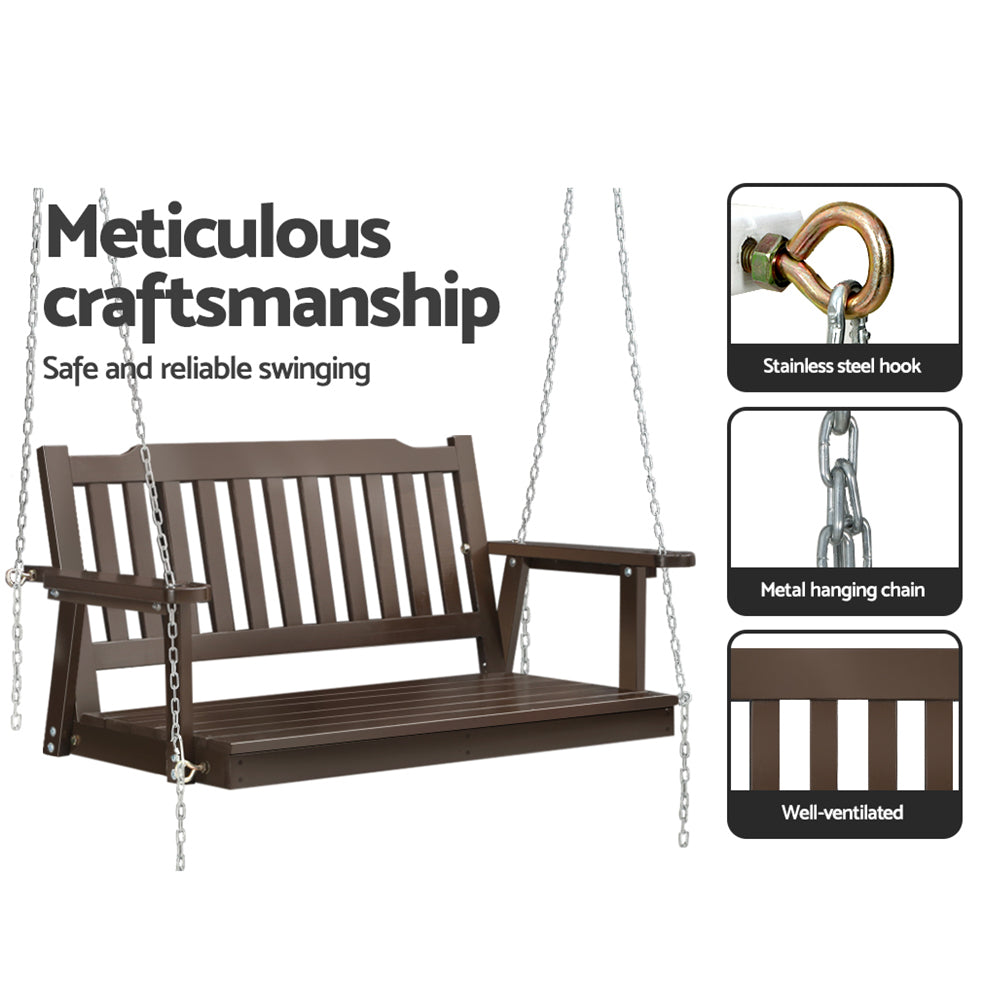 2 Seater Brown Porch Swing Chair with Chain Wooden Garden Bench