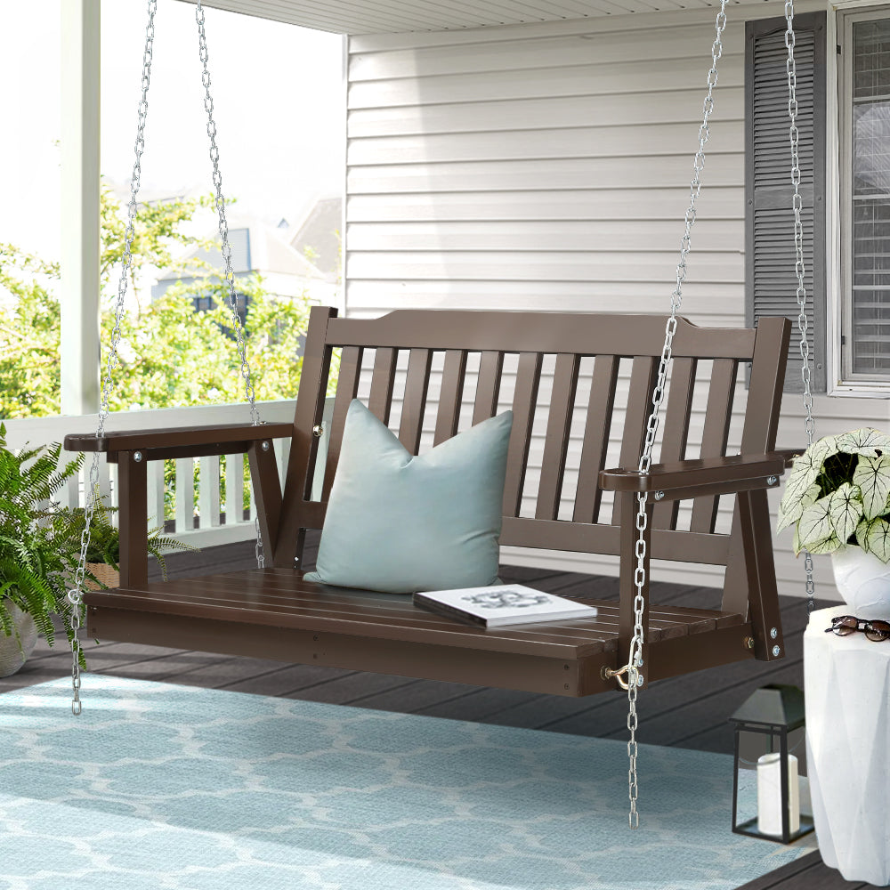 2 Seater Brown Porch Swing Chair with Chain Wooden Garden Bench