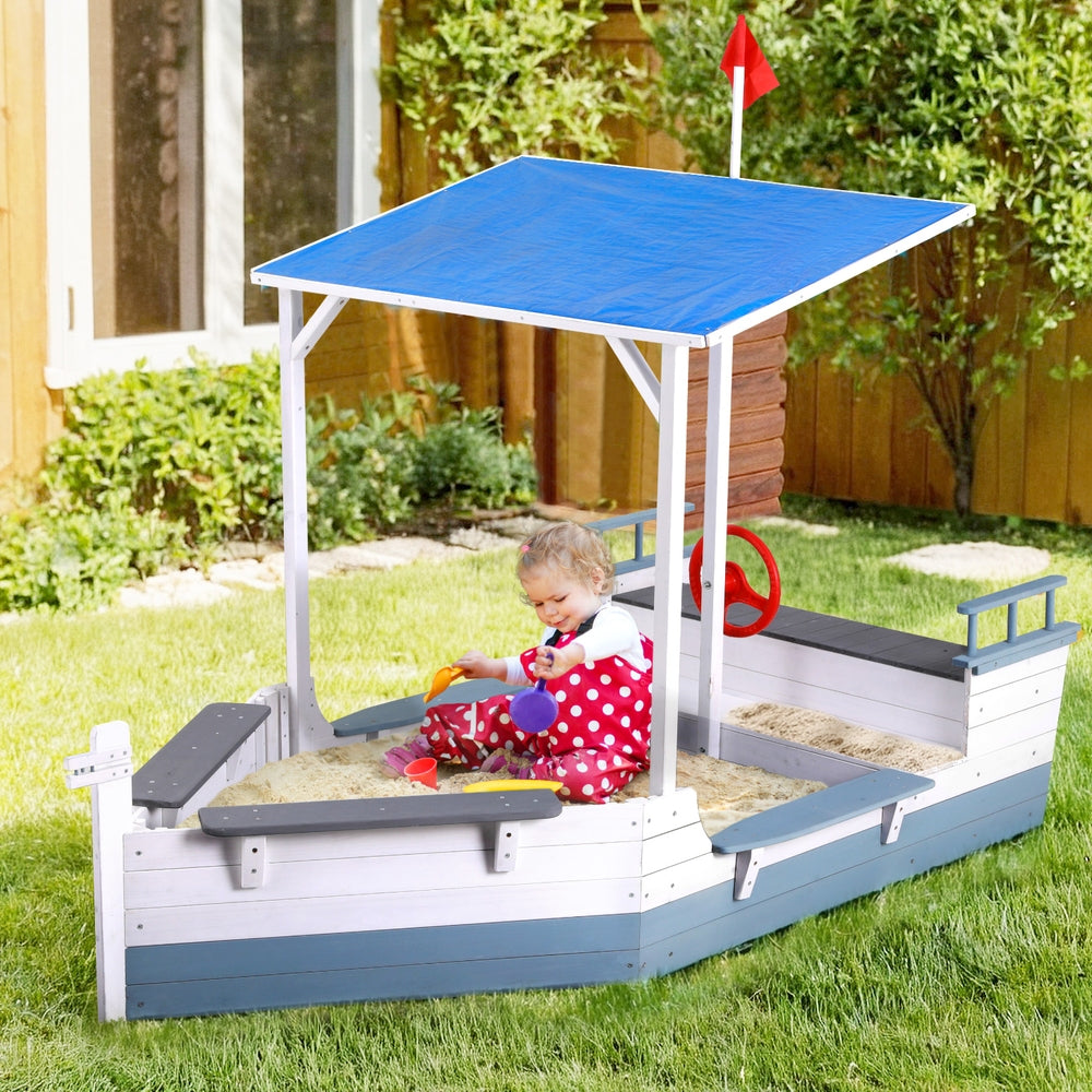 Keezi Kids Sandpit Wooden Boat with Canopy Blue