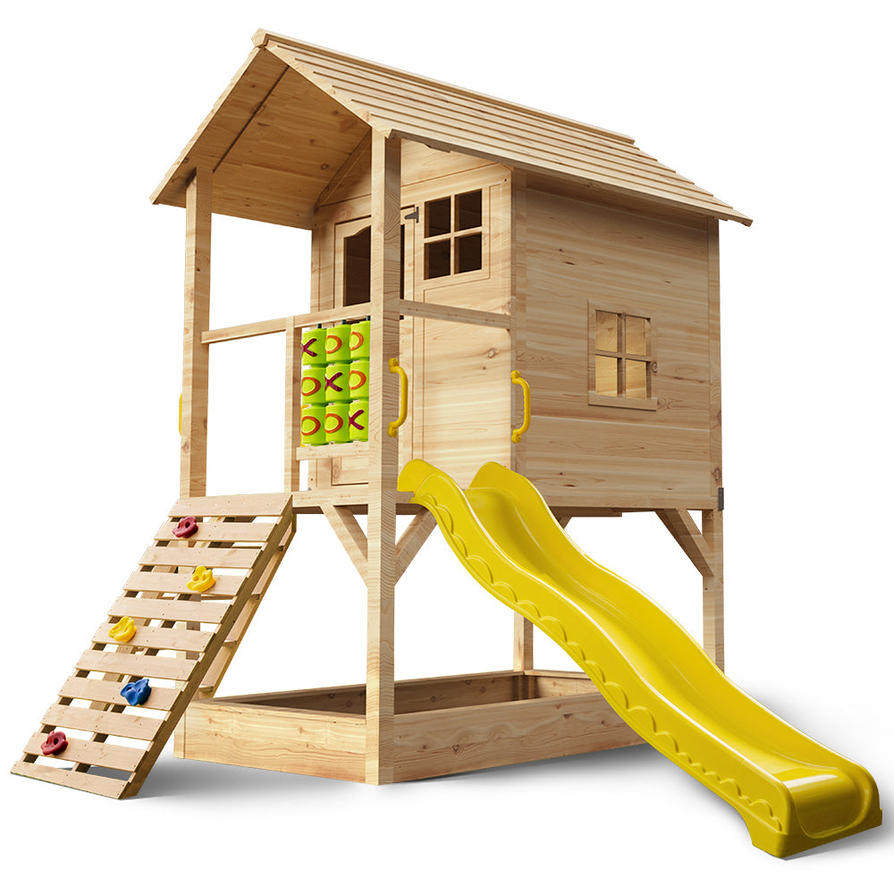 ROVO KIDS Wooden Tower Cubby House with Slide, Sandpit, Climbing Wall, Noughts & Crosses, Natural Colour