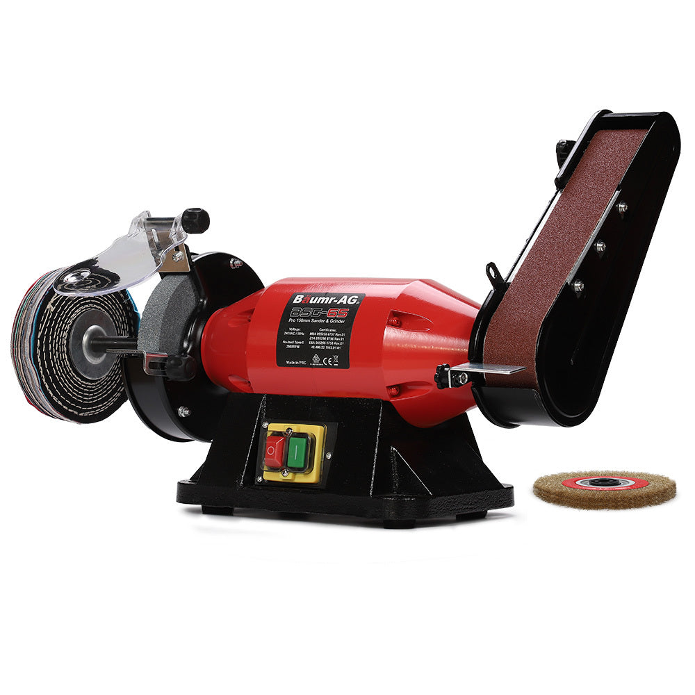 Baumr Bench Grinder Sander and Polisher Combo, 150mm Grinding Wheel, 50mm Linisher, 520W Brushless Motor, w/ Wire and Buffing Wheels