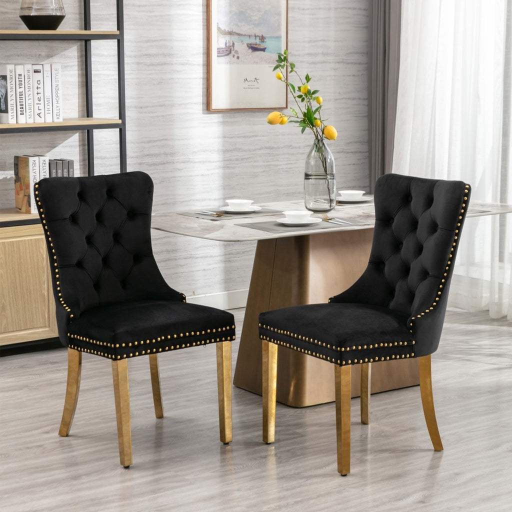 AADEN 2x Velvet Dining Chairs with Golden Metal Legs Black