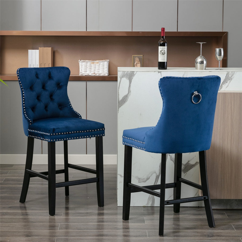 2x Blue Velvet Bar Stools with Studs Trim Wooden Legs Tufted Dining Chairs 