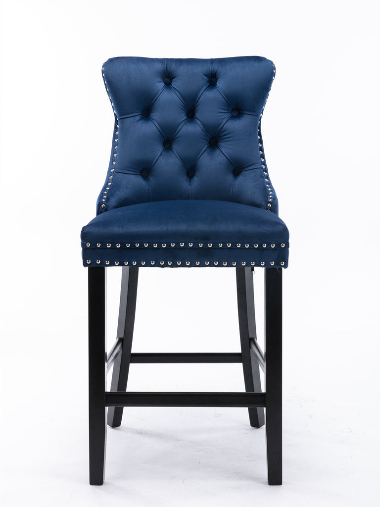 2x Blue Velvet Bar Stools with Studs Trim Wooden Legs Tufted Dining Chairs 