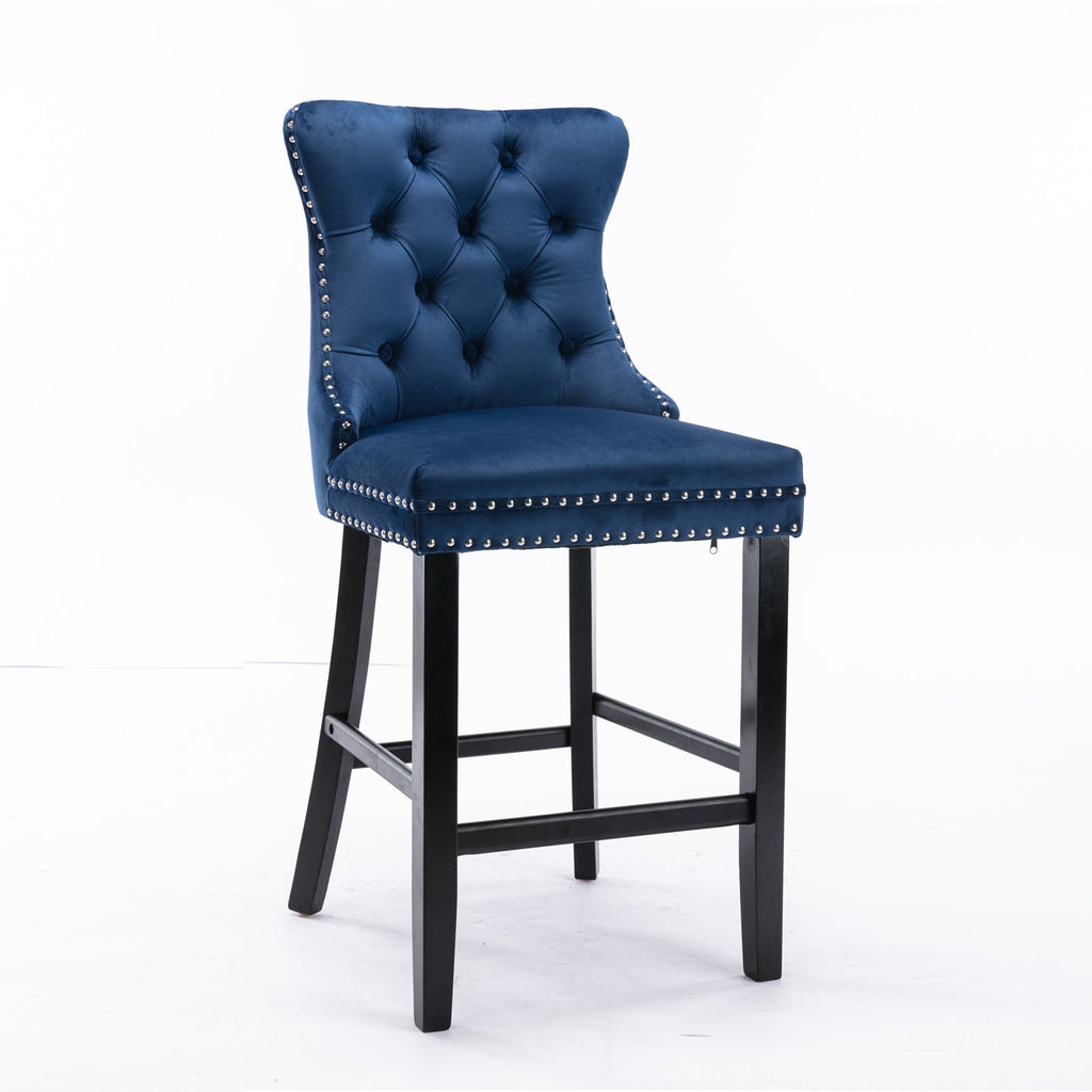 2x Blue Velvet Bar Stools with Studs Trim Wooden Legs Tufted Dining Chairs 