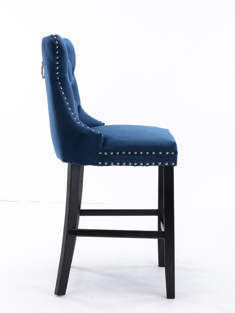 2x Blue Velvet Bar Stools with Studs Trim Wooden Legs Tufted Dining Chairs 