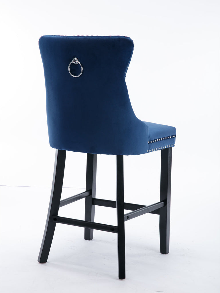 2x Blue Velvet Bar Stools with Studs Trim Wooden Legs Tufted Dining Chairs 